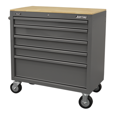 Sealey American PRO® Mobile Workstation with Wooden Worktop 5 Drawer - Grey Model No-APMWS1G