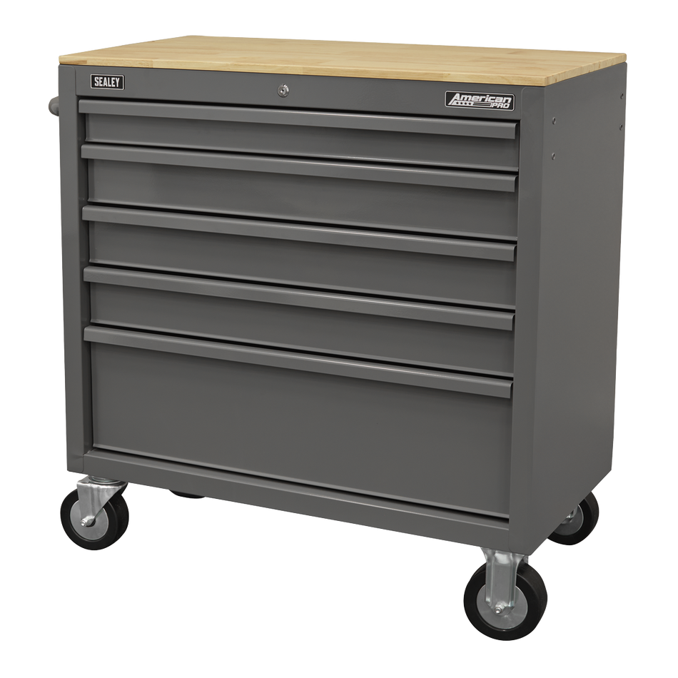 Sealey American PRO® Mobile Workstation with Wooden Worktop 5 Drawer - Grey Model No-APMWS1G