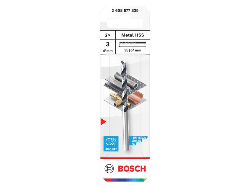 Metal HSS Twist Drill Bit 3 x 33 x 61mm (Pack of 2)