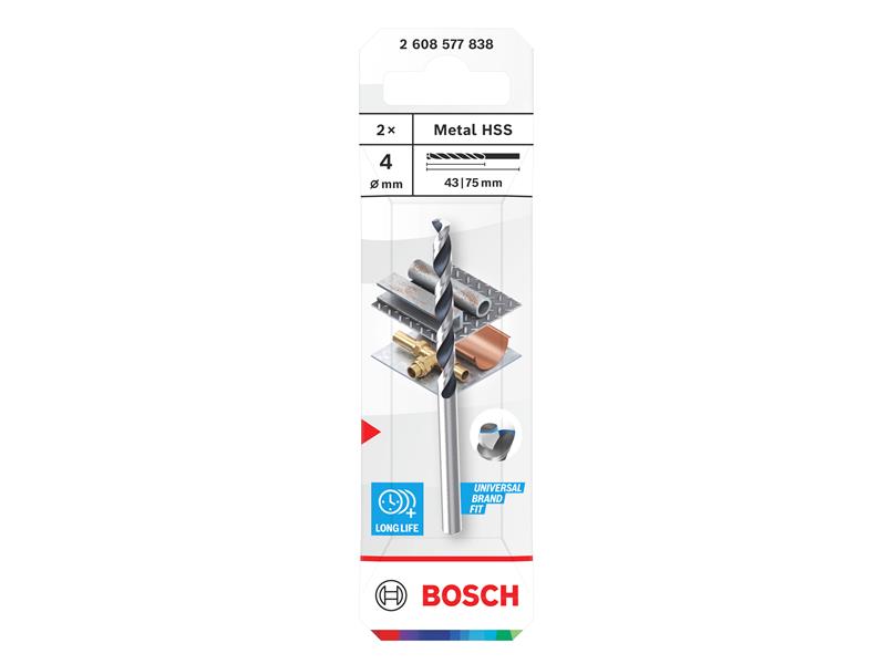Metal HSS Twist Drill Bit 4 x 43 x 75mm (Pack of 2)