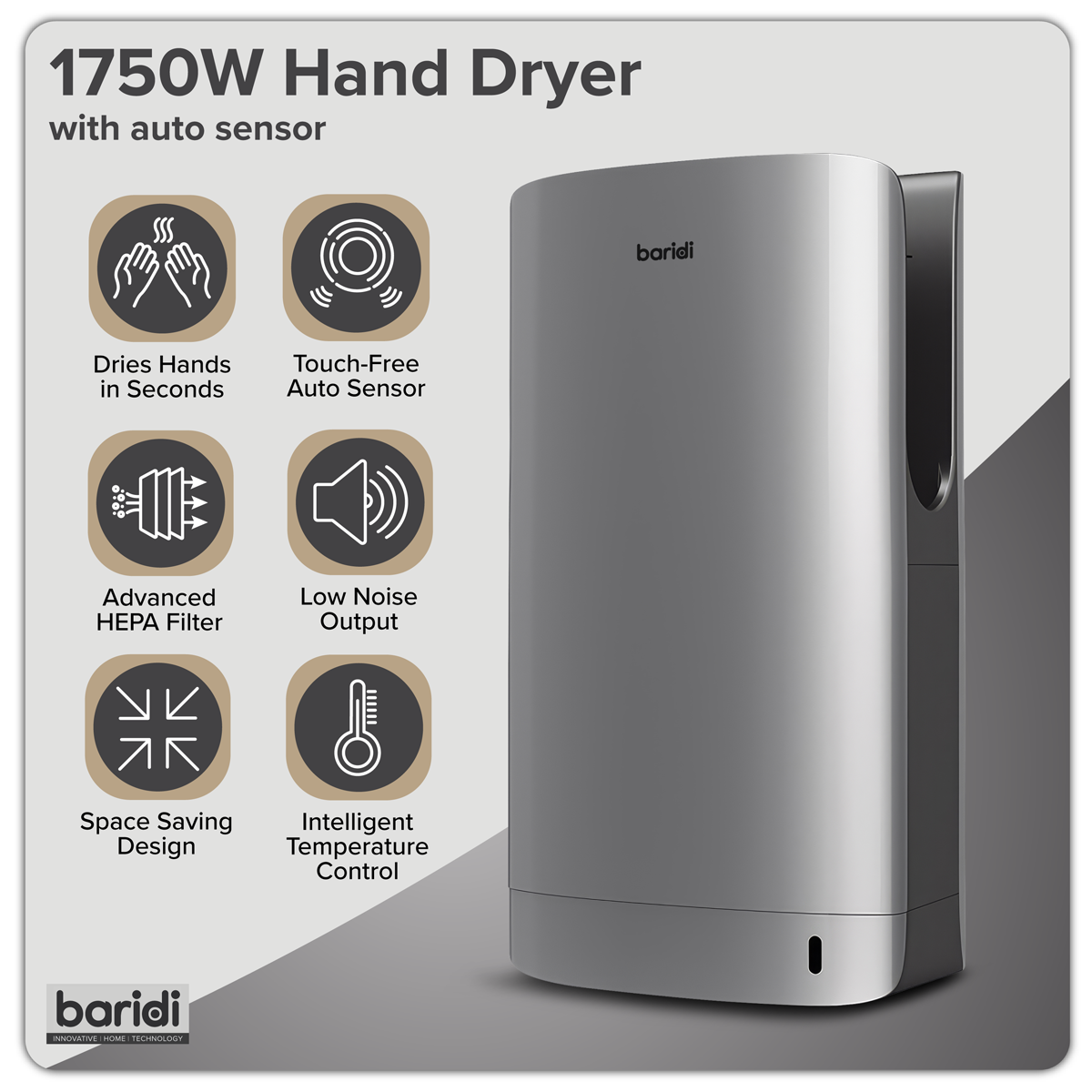 Sealey Baridi Hand Dryer with HEPA Filter & Auto-Sensor 1750W/230V - Silver Model No-DH150