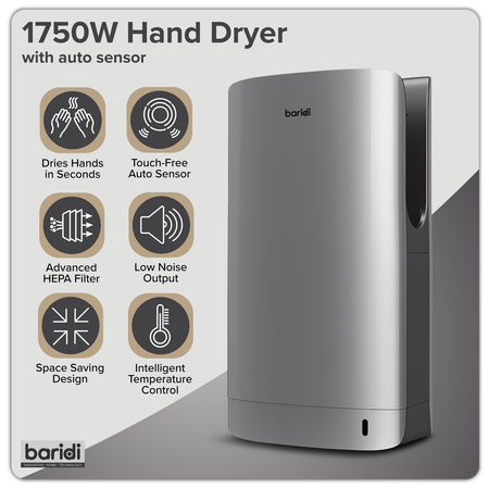 Sealey Baridi Hand Dryer with HEPA Filter & Auto-Sensor 1750W/230V - Silver Model No-DH150