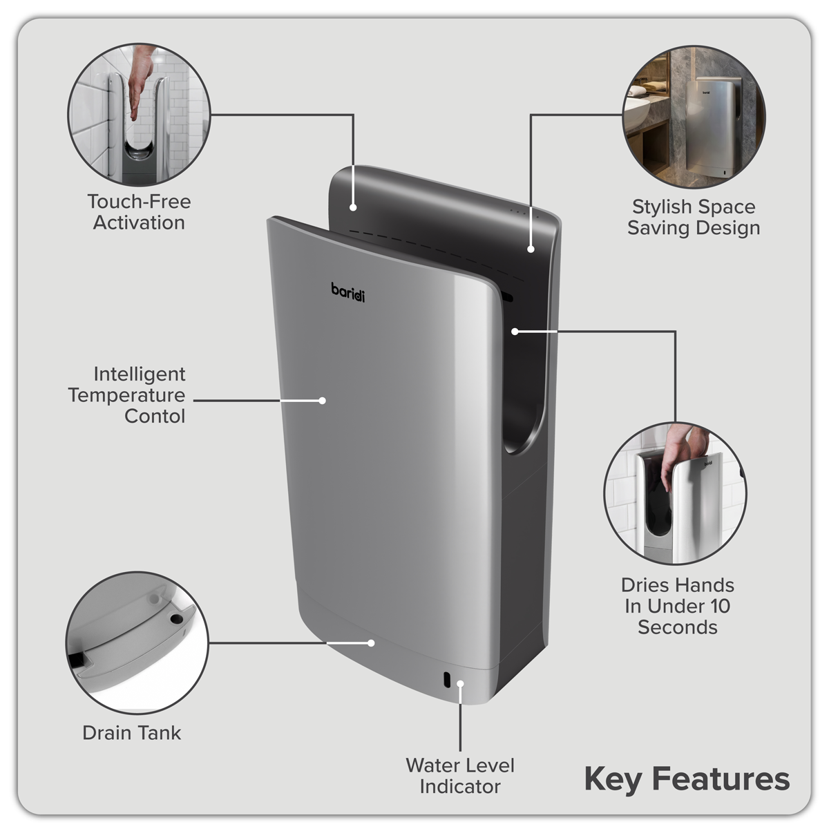 Sealey Baridi Hand Dryer with HEPA Filter & Auto-Sensor 1750W/230V - Silver Model No-DH150