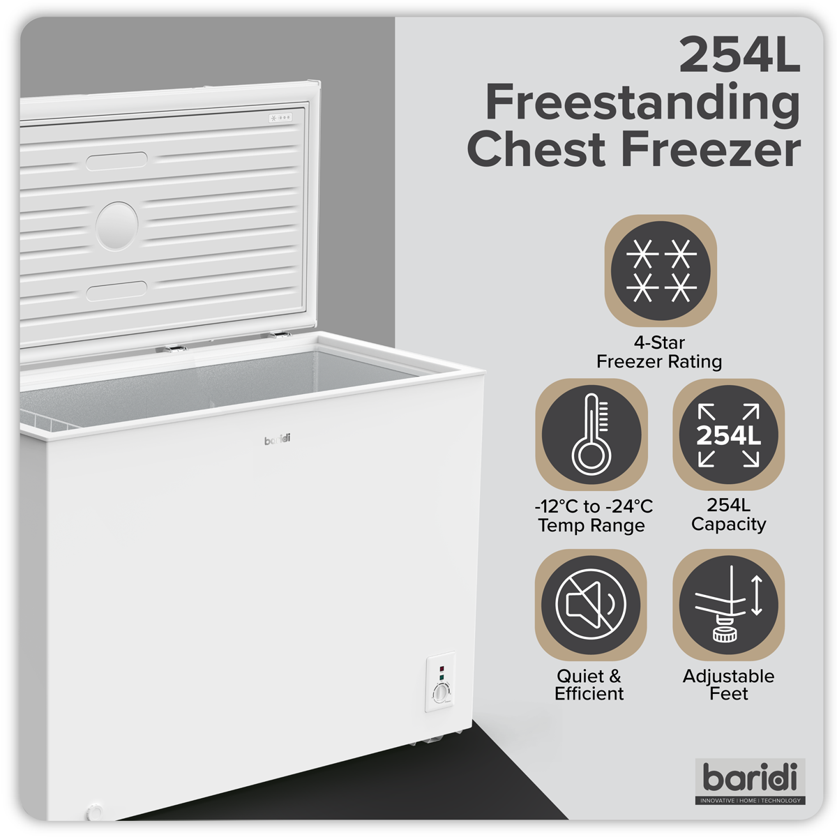 Sealey Baridi Freestanding Chest Freezer 254L Capacity - White Model No-DH258