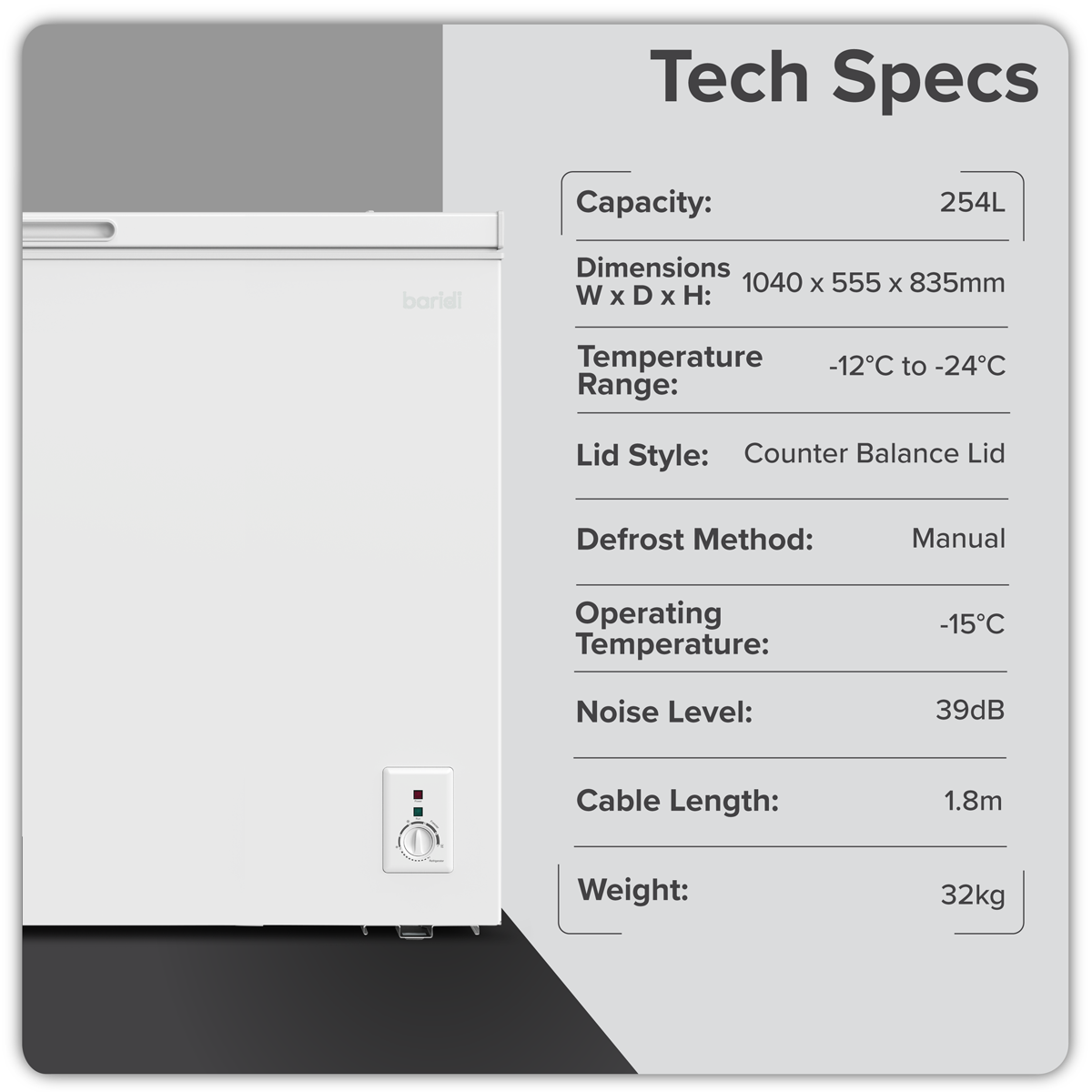 Sealey Baridi Freestanding Chest Freezer 254L Capacity - White Model No-DH258