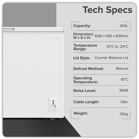 Sealey Baridi Freestanding Chest Freezer 254L Capacity - White Model No-DH258