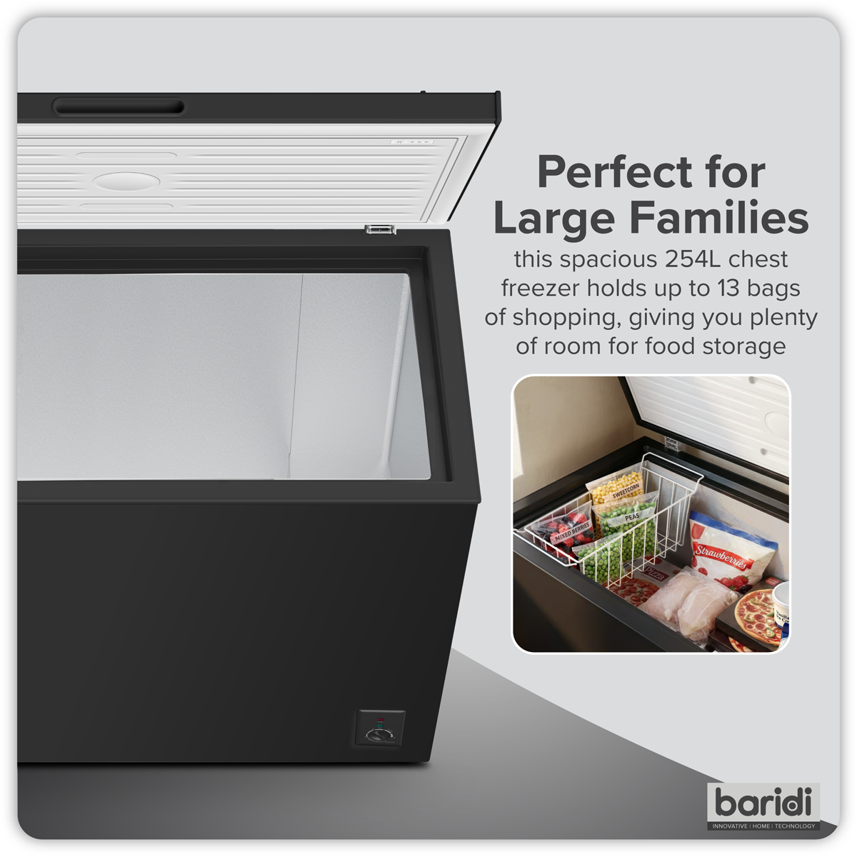 Sealey Baridi Freestanding Chest Freezer 254L Capacity - Black Model No-DH259