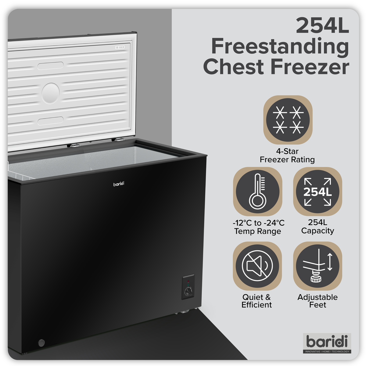 Sealey Baridi Freestanding Chest Freezer 254L Capacity - Black Model No-DH259