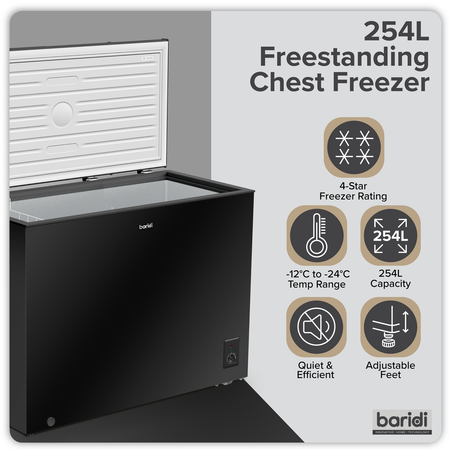 Sealey Baridi Freestanding Chest Freezer 254L Capacity - Black Model No-DH259