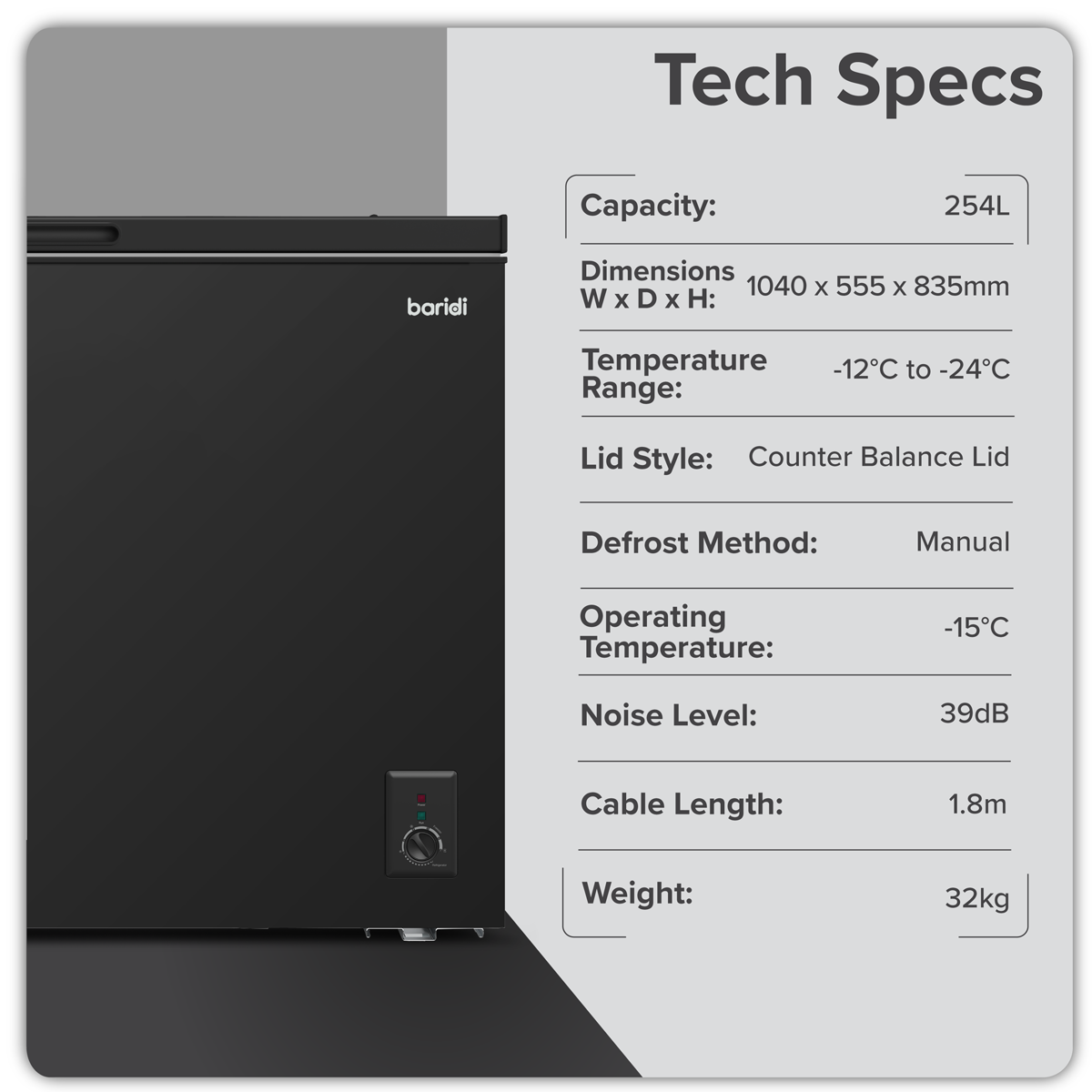 Sealey Baridi Freestanding Chest Freezer 254L Capacity - Black Model No-DH259