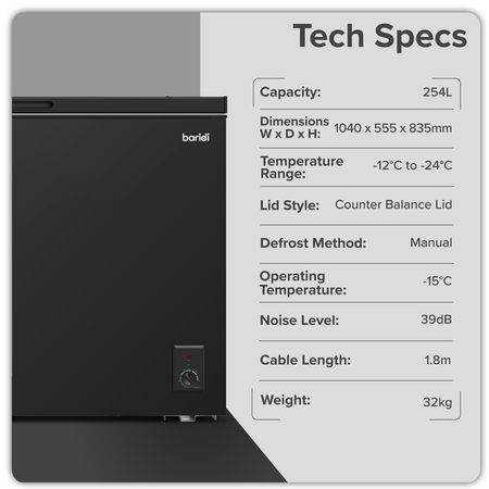 Sealey Baridi Freestanding Chest Freezer 254L Capacity - Black Model No-DH259