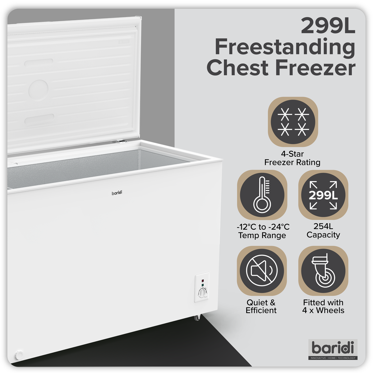 Sealey Baridi Freestanding Chest Freezer 299L Capacity - White Model No-DH260