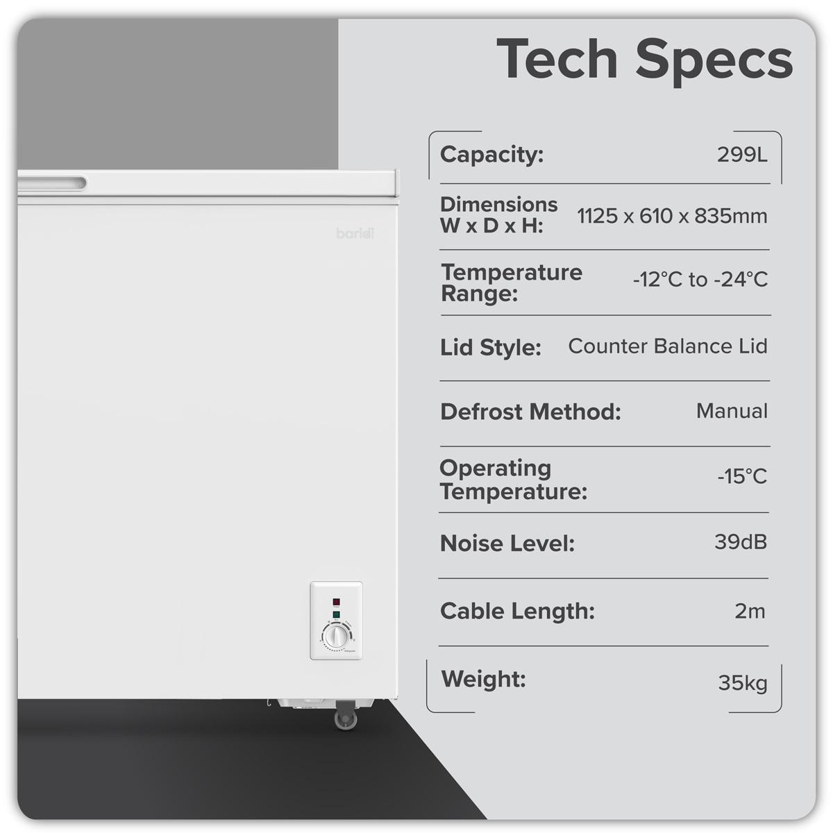 Sealey Baridi Freestanding Chest Freezer 299L Capacity - White Model No-DH260