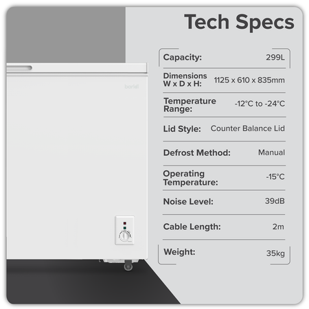 Sealey Baridi Freestanding Chest Freezer 299L Capacity - White Model No-DH260