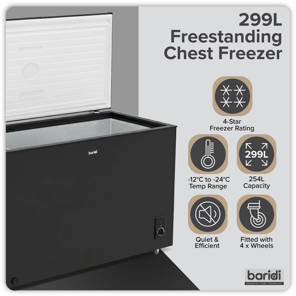 Sealey Baridi Freestanding Chest Freezer 299L Capacity - Black Model No-DH261