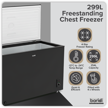 Sealey Baridi Freestanding Chest Freezer 299L Capacity - Black Model No-DH261
