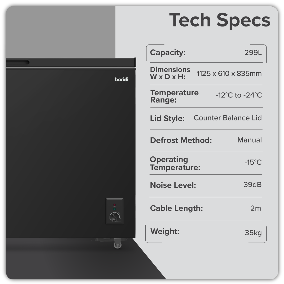Sealey Baridi Freestanding Chest Freezer 299L Capacity - Black Model No-DH261