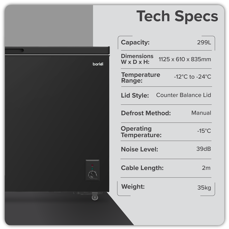 Sealey Baridi Freestanding Chest Freezer 299L Capacity - Black Model No-DH261