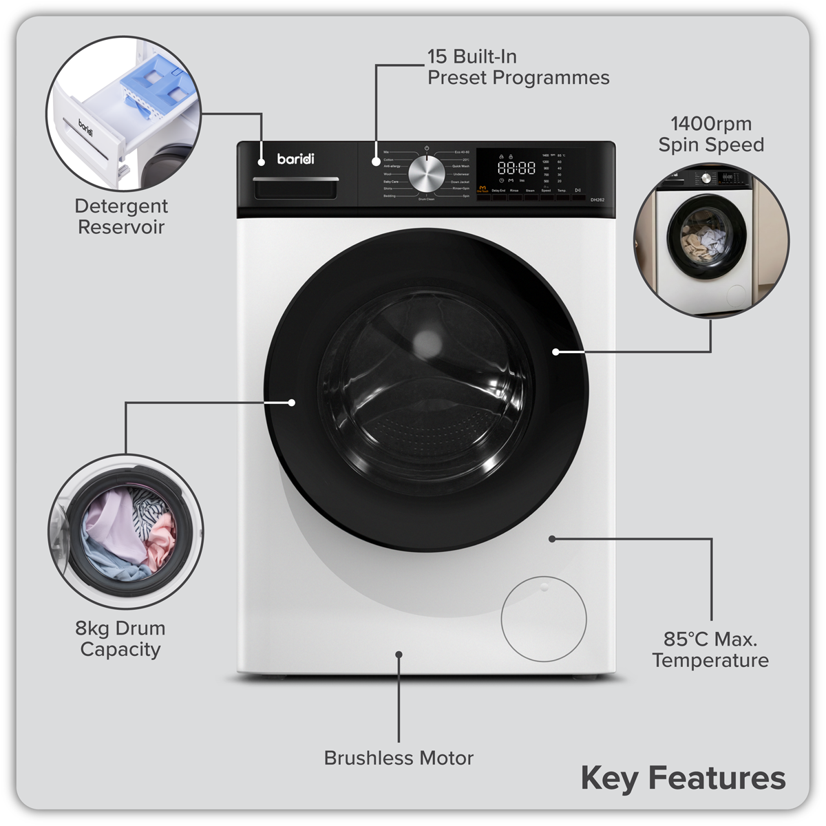 Sealey 8kg Washing Machine, Front Loading, 1400rpm Energy Rating A – White Model No-DH262