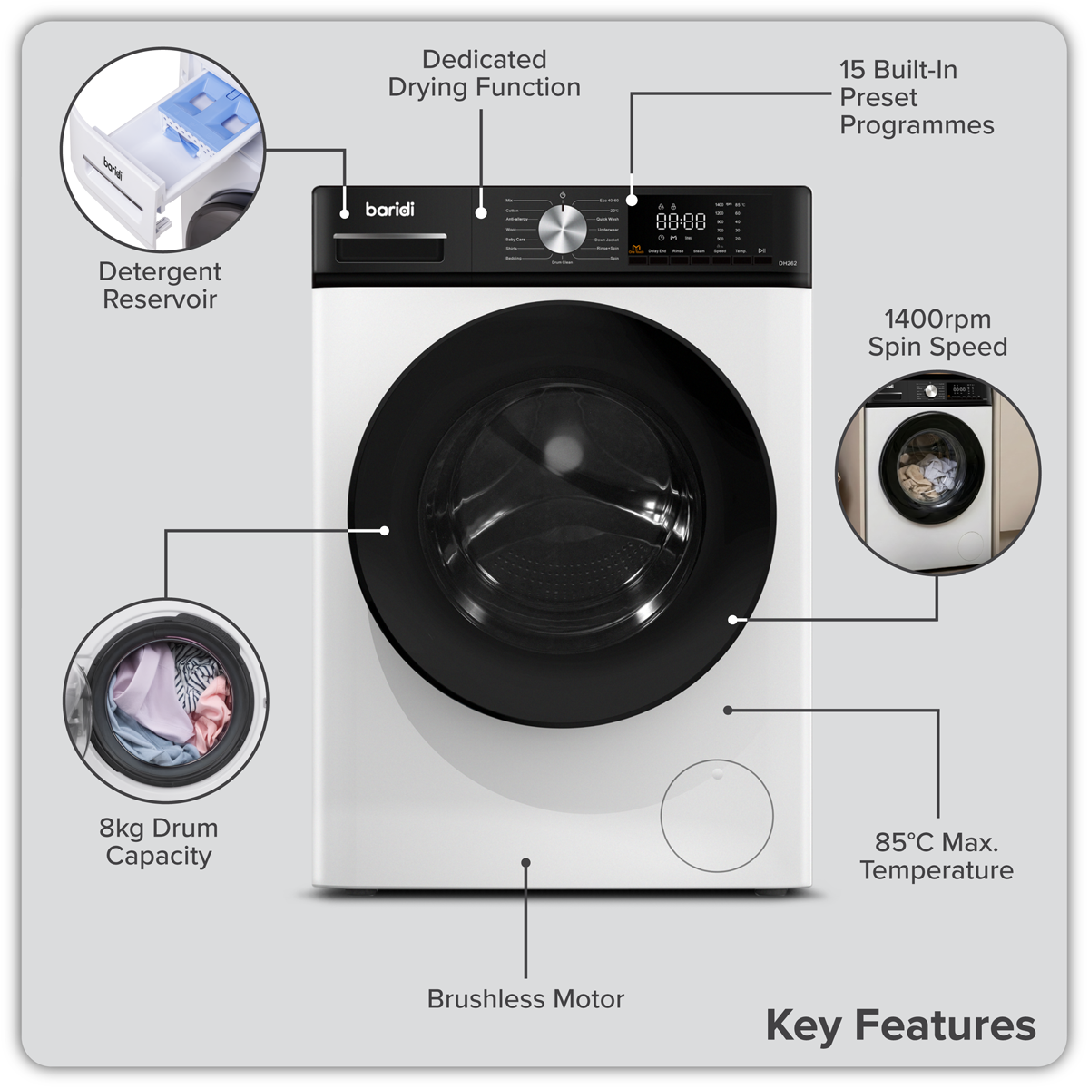 Sealey 8/5kg Washer Dryer, Front Loading, 1400rpm Energy Rating A – White Model No-DH263