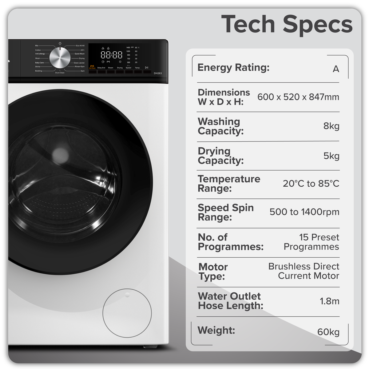 Sealey 8/5kg Washer Dryer, Front Loading, 1400rpm Energy Rating A – White Model No-DH263