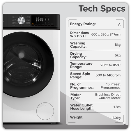 Sealey 8/5kg Washer Dryer, Front Loading, 1400rpm Energy Rating A – White Model No-DH263