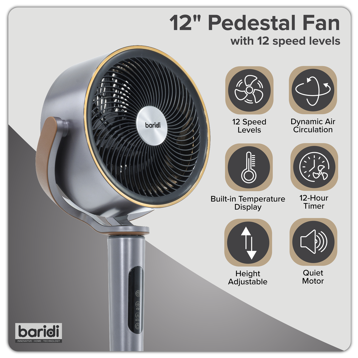 Sealey Baridi 12" Pedestal Fan with Remote Control, Back Light & 12hr Timer - Grey Model No-DH264