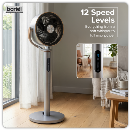 Sealey Baridi 12" Pedestal Fan with Remote Control, Back Light & 12hr Timer - Grey Model No-DH264