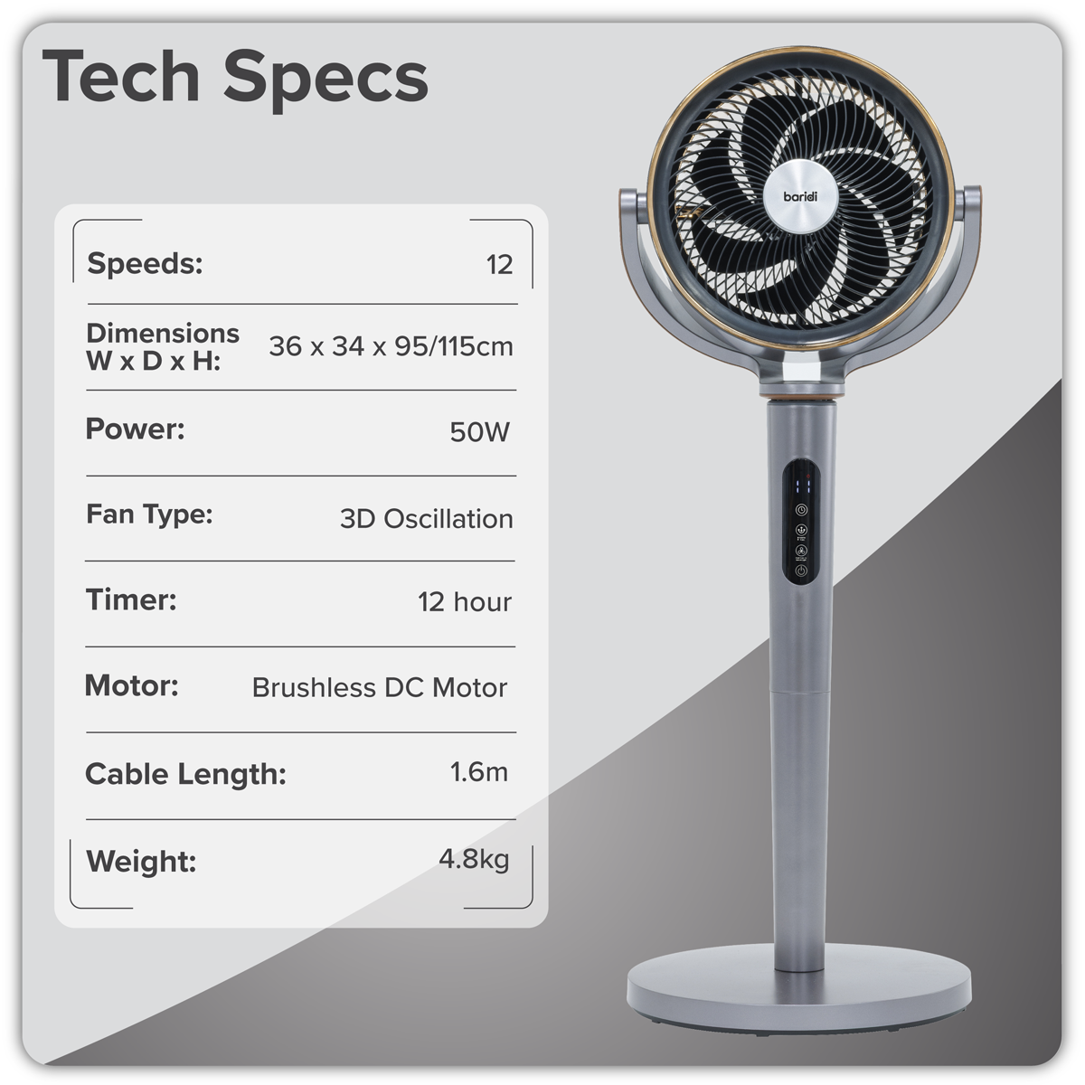 Sealey Baridi 12" Pedestal Fan with Remote Control, Back Light & 12hr Timer - Grey Model No-DH264