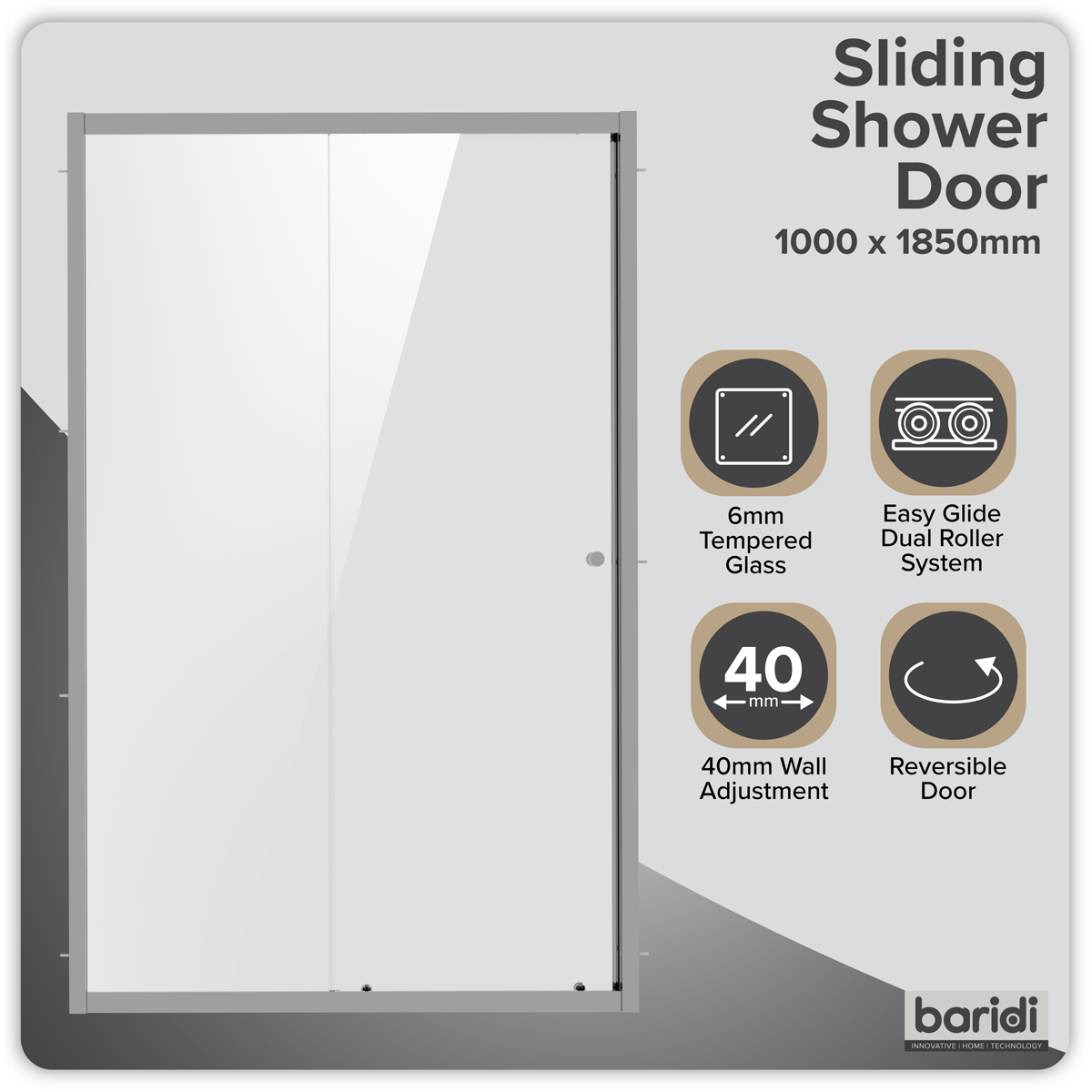 Sealey Sliding Shower Door 1000 x 1850mm, 6mm Tempered Glass, Reversible - Chrome Model No-DH292