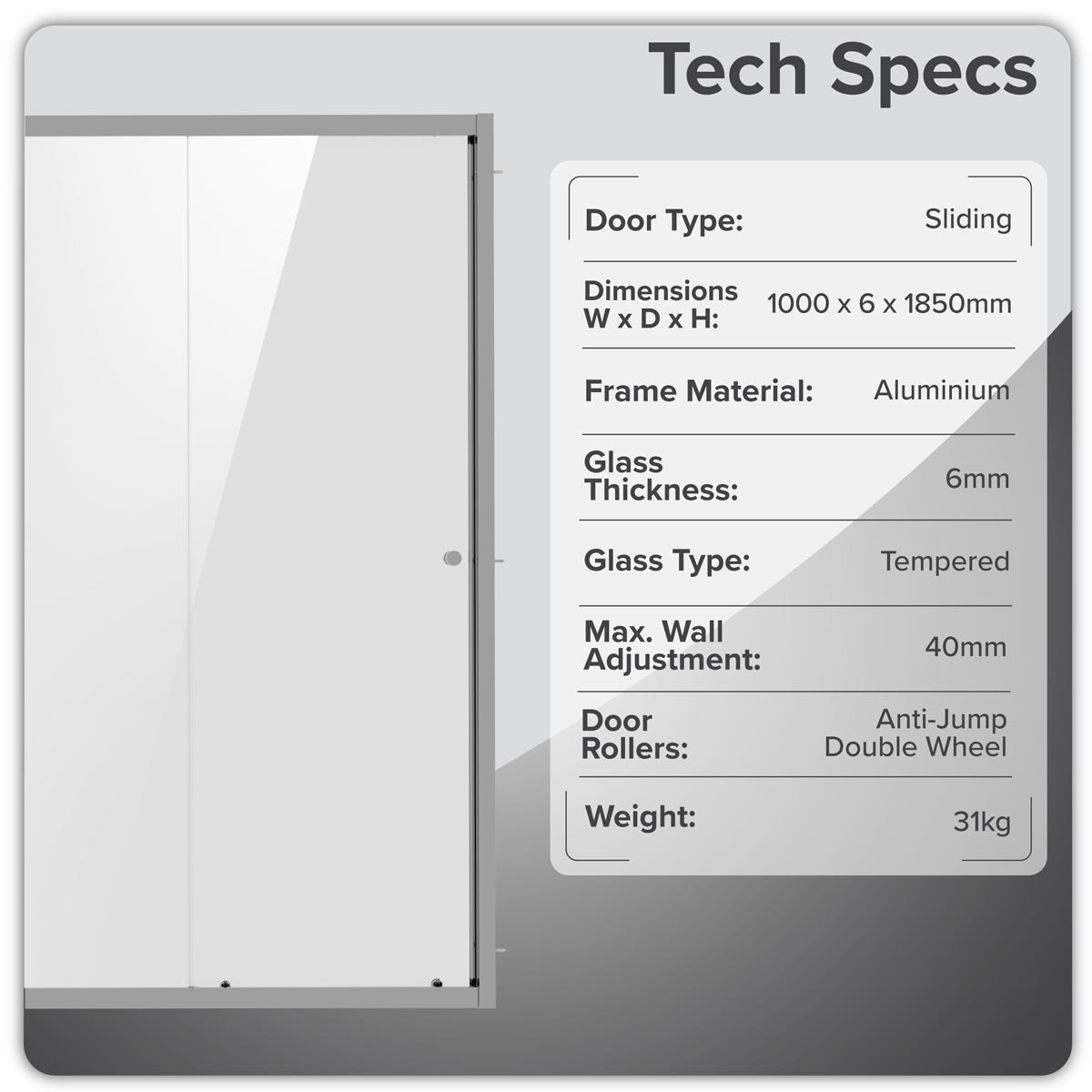 Sealey Sliding Shower Door 1000 x 1850mm, 6mm Tempered Glass, Reversible - Chrome Model No-DH292