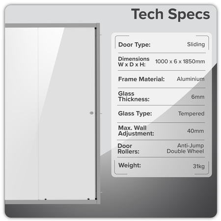 Sealey Sliding Shower Door 1000 x 1850mm, 6mm Tempered Glass, Reversible - Chrome Model No-DH292