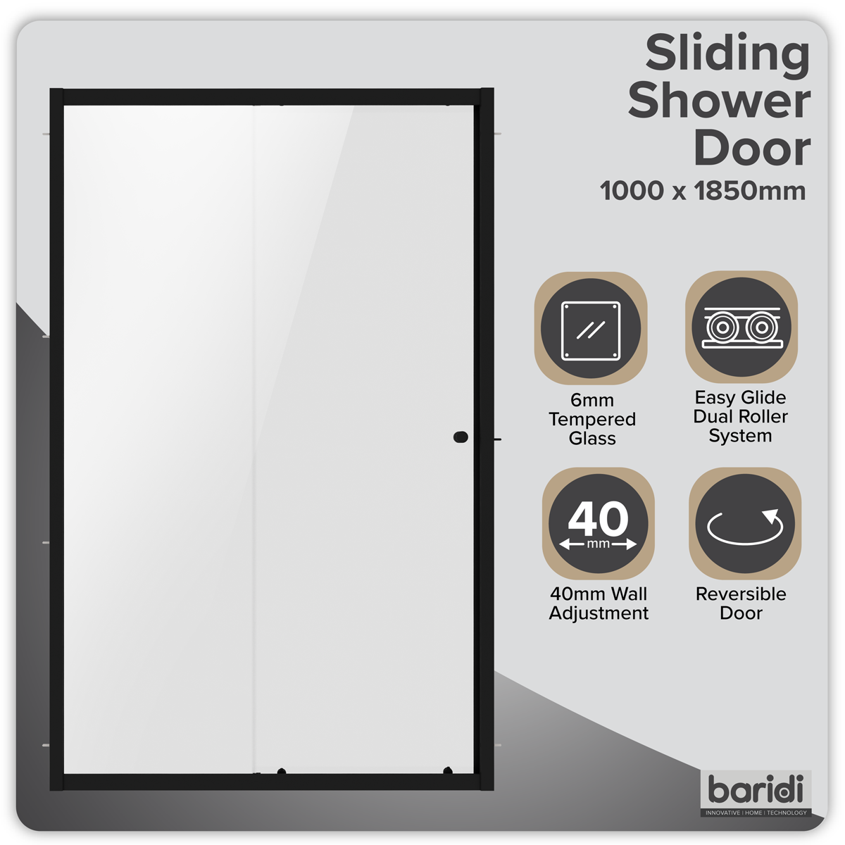Sealey Sliding Shower Door 1000 x 1850mm, 6mm Tempered Glass, Reversible - Black Model No-DH293