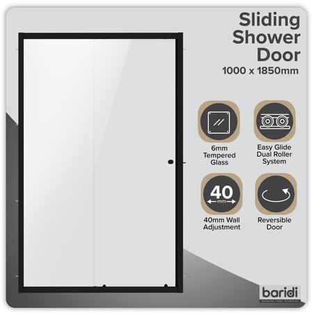 Sealey Sliding Shower Door 1000 x 1850mm, 6mm Tempered Glass, Reversible - Black Model No-DH293
