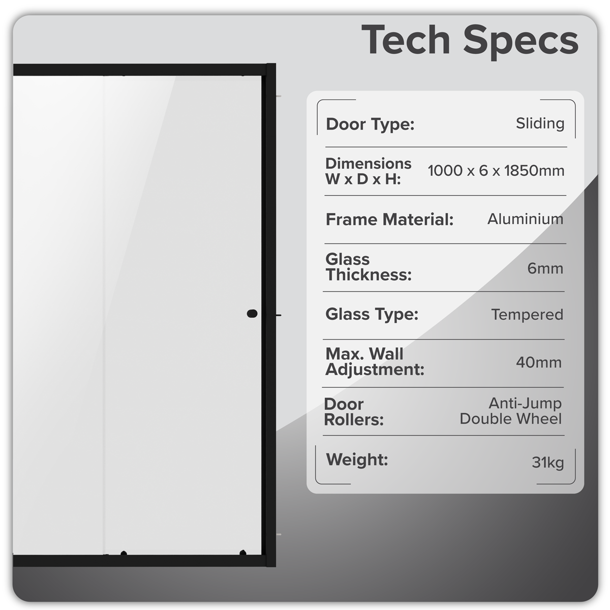 Sealey Sliding Shower Door 1000 x 1850mm, 6mm Tempered Glass, Reversible - Black Model No-DH293