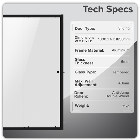 Sealey Sliding Shower Door 1000 x 1850mm, 6mm Tempered Glass, Reversible - Black Model No-DH293