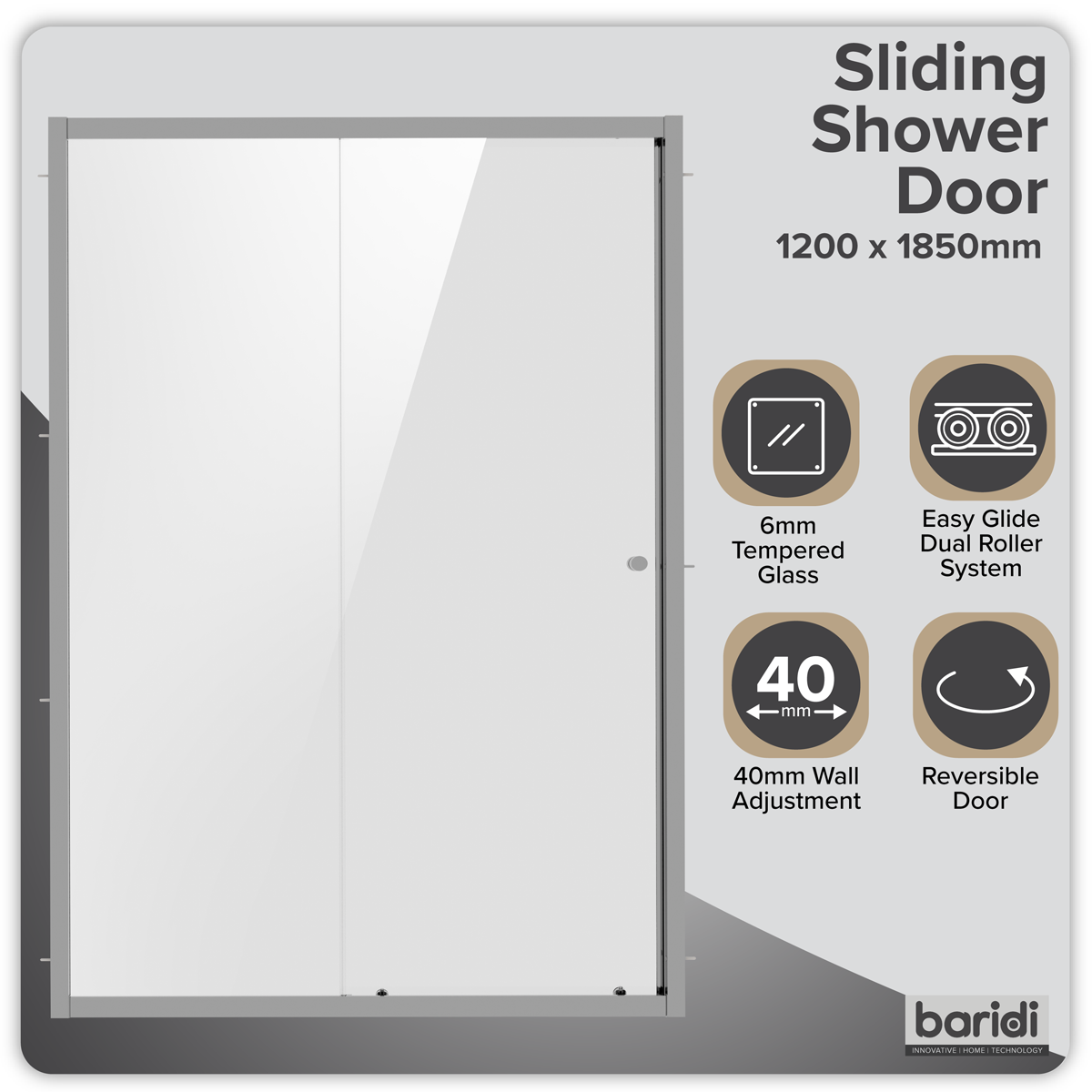 Sealey Sliding Shower Door 1200 x 1850mm, 6mm Tempered Glass, Reversible - Chrome Model No-DH294