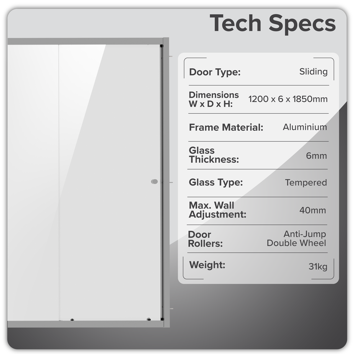 Sealey Sliding Shower Door 1200 x 1850mm, 6mm Tempered Glass, Reversible - Black Model No-DH295
