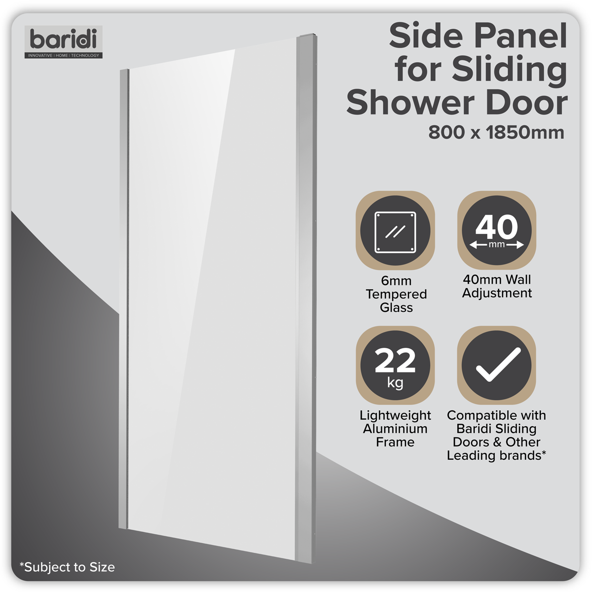 Sealey Baridi Side Panel for Sliding Shower Doors, 6mm Tempered Glass - Chrome Model No-DH296