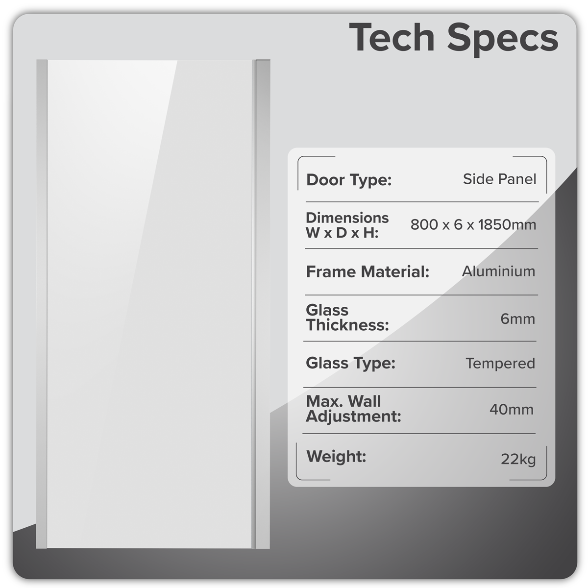 Sealey Baridi Side Panel for Sliding Shower Doors, 6mm Tempered Glass - Chrome Model No-DH296