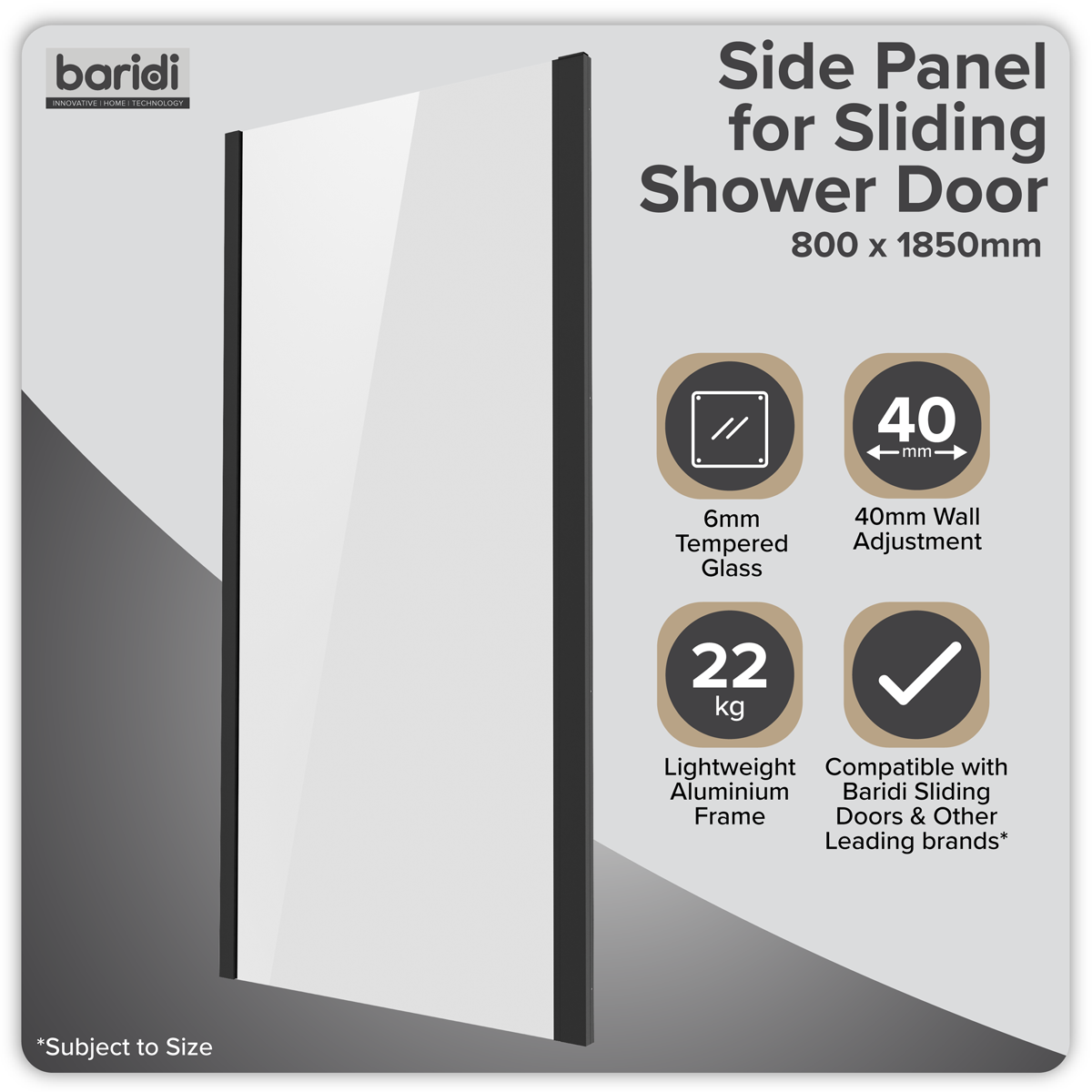 Sealey Side Panel for Sliding Shower Doors, 6mm Tempered Glass - Black Model No-DH297