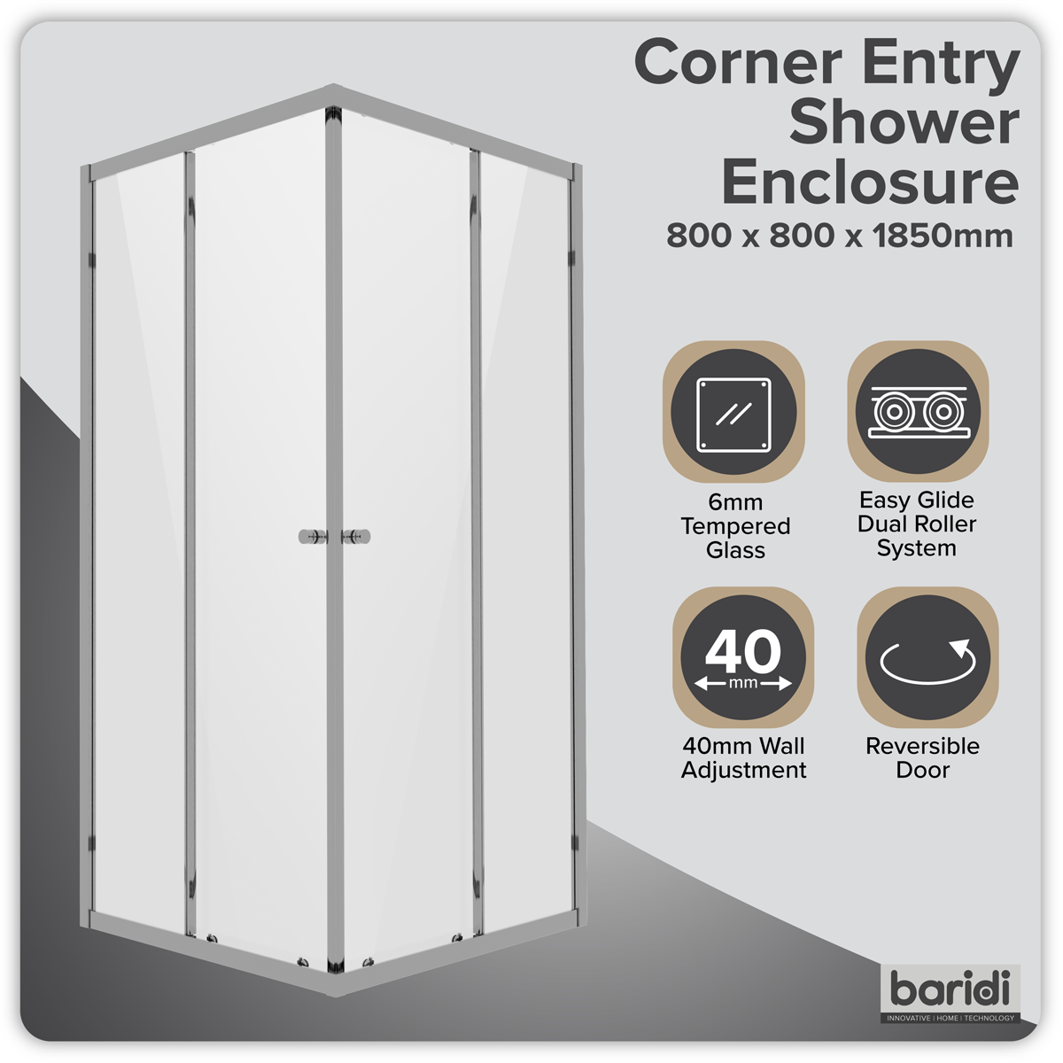 Sealey Corner Shower Entry Enclosure 800 x 800 x 1850mm with 6mm Tempered Glass - Chrome Model No-DH298