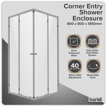 Sealey Corner Shower Entry Enclosure 800 x 800 x 1850mm with 6mm Tempered Glass - Chrome Model No-DH298