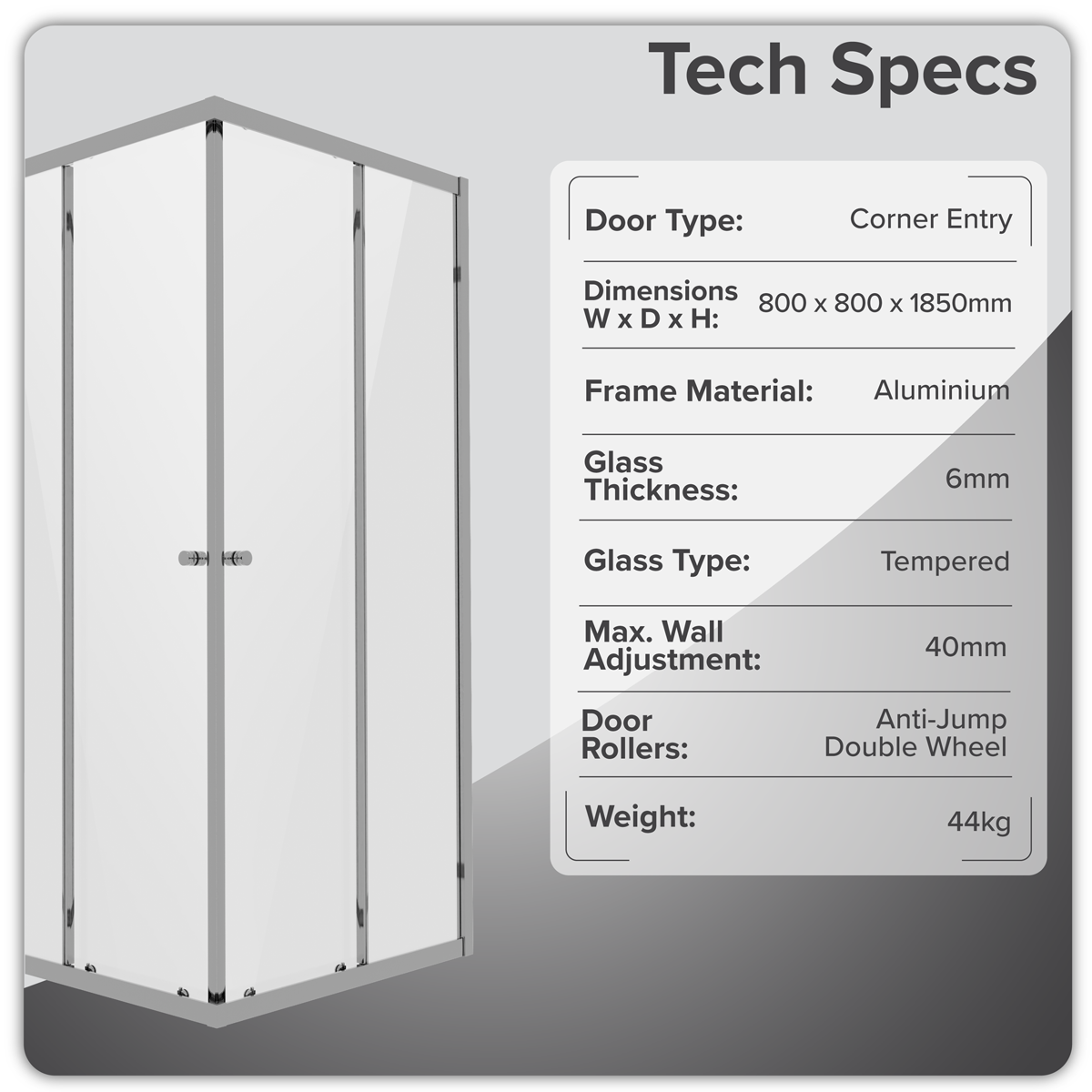 Sealey Corner Shower Entry Enclosure 800 x 800 x 1850mm with 6mm Tempered Glass - Chrome Model No-DH298