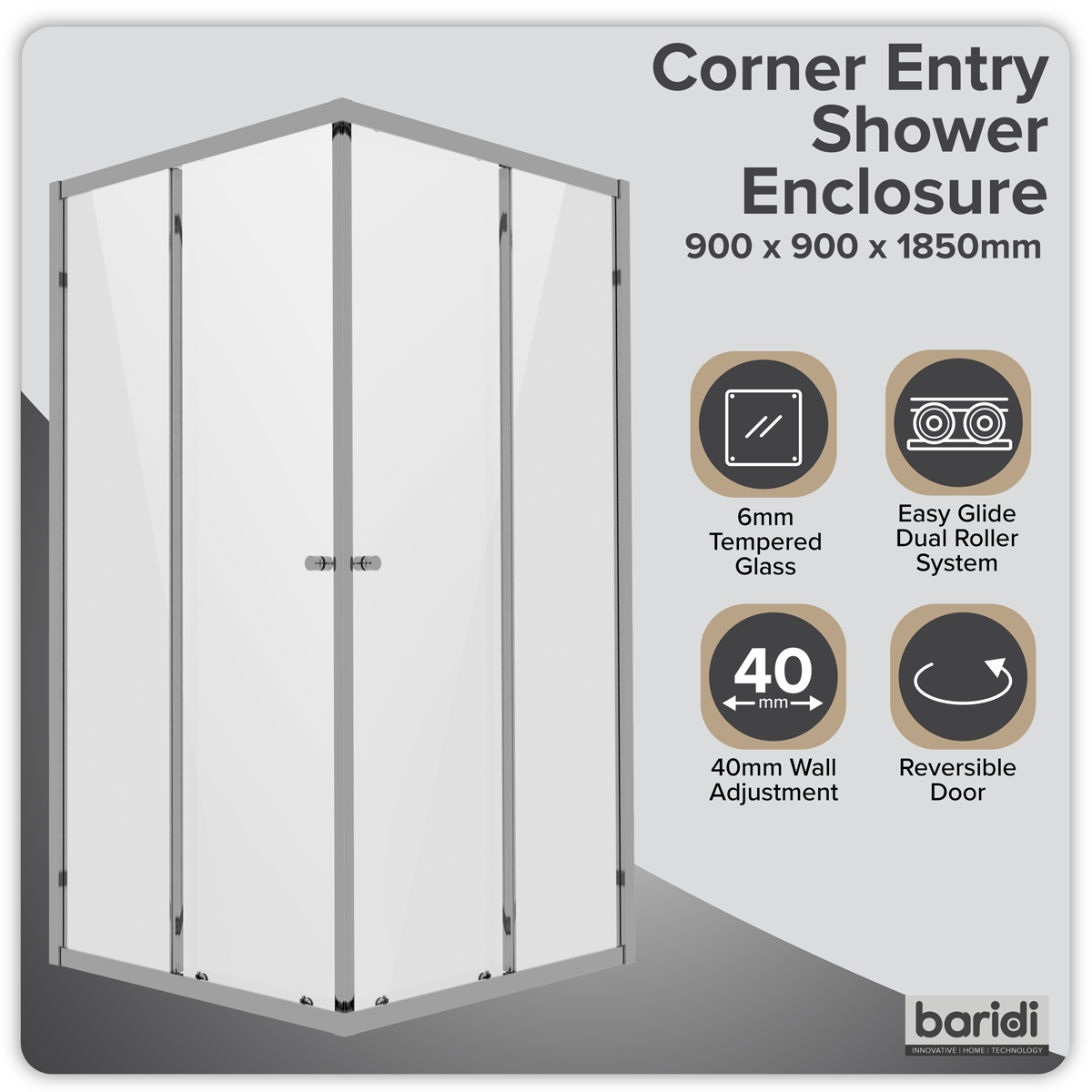Sealey Corner Shower Entry Enclosure 900 x 900 x 1850mm with 6mm Tempered Glass - Chrome Model No-DH299