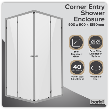 Sealey Corner Shower Entry Enclosure 900 x 900 x 1850mm with 6mm Tempered Glass - Chrome Model No-DH299