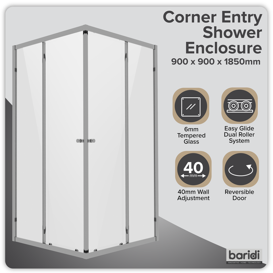 Sealey Corner Shower Entry Enclosure 900 x 900 x 1850mm with 6mm Tempered Glass - Chrome Model No-DH299