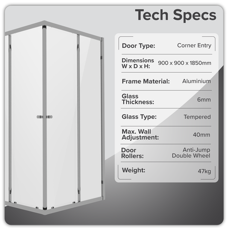 Sealey Corner Shower Entry Enclosure 900 x 900 x 1850mm with 6mm Tempered Glass - Chrome Model No-DH299