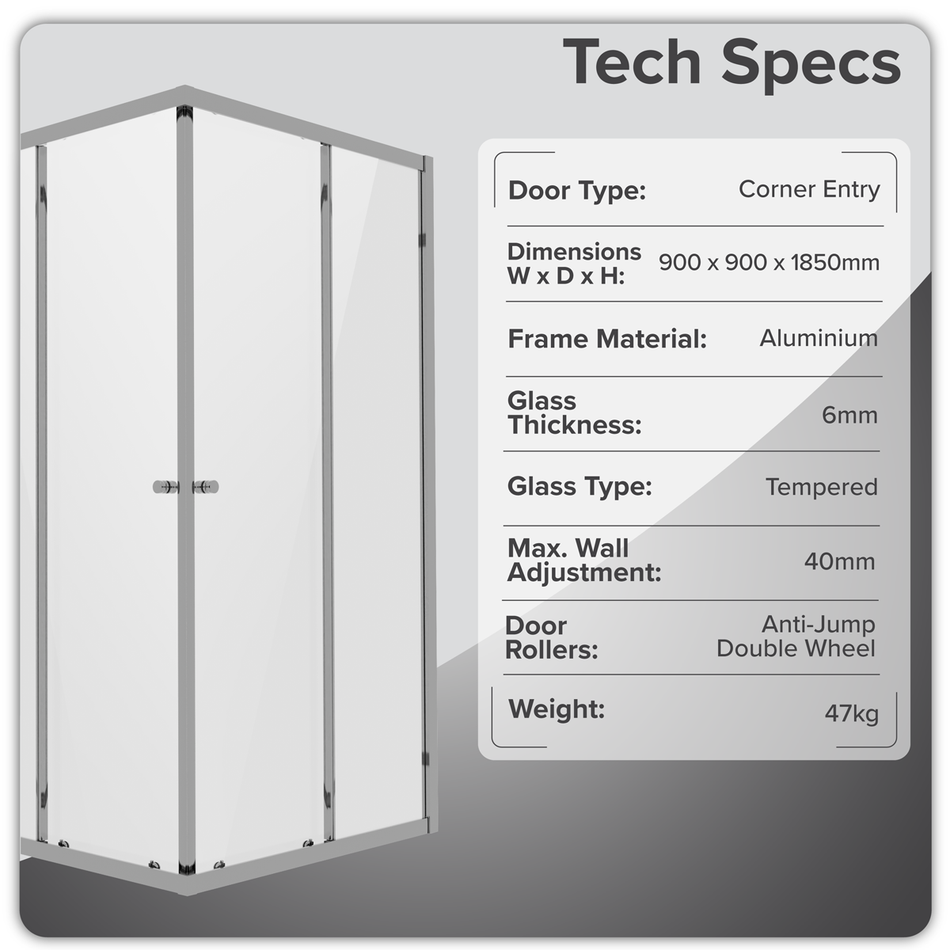 Sealey Corner Shower Entry Enclosure 900 x 900 x 1850mm with 6mm Tempered Glass - Chrome Model No-DH299