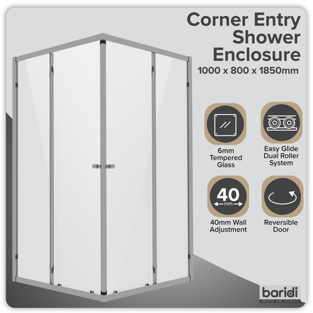 Sealey Corner Shower Entry Enclosure 1000 x 800 x 1850mm with 6mm Tempered Glass - Chrome Model No-DH300